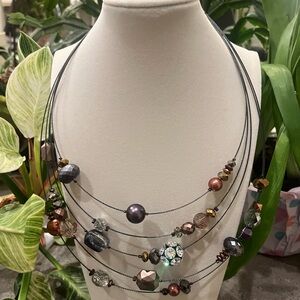 Purple and Brown Multi-Strand Necklace with Pearls